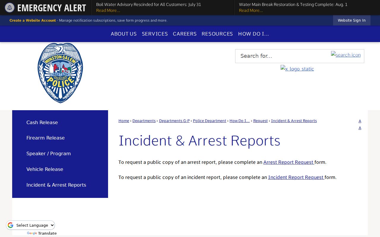 Forsyth County arrest record request through Winston-Salem Police